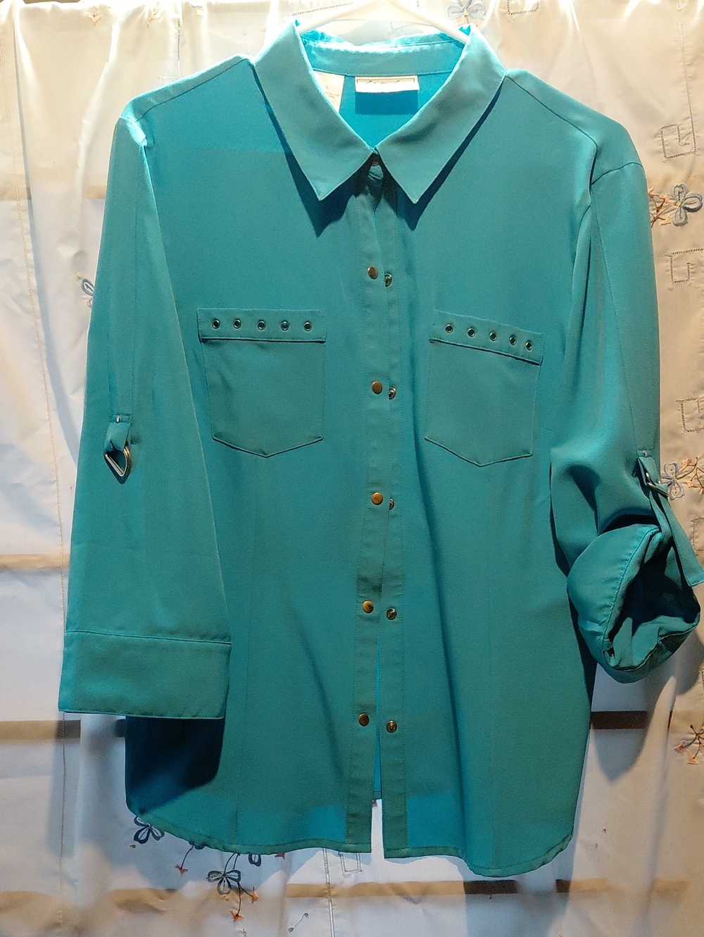 Women’s Teal Button-Down Shirt with Studded Pockets